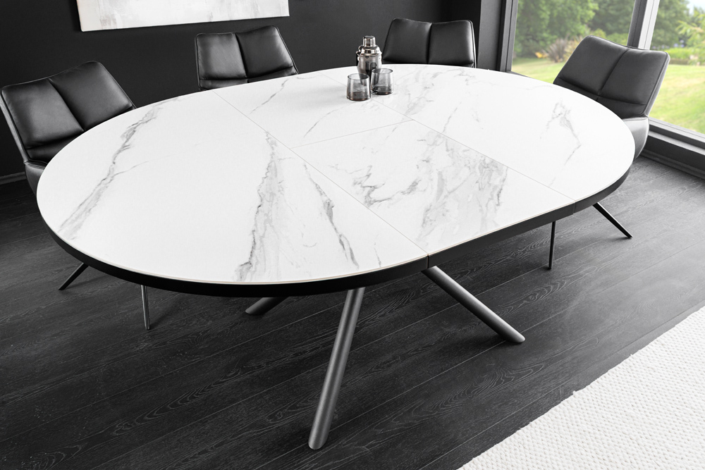 Ausziehbarer Esstisch MIKADO 120-160cm weiß Keramik oval schwarz Sterngestell