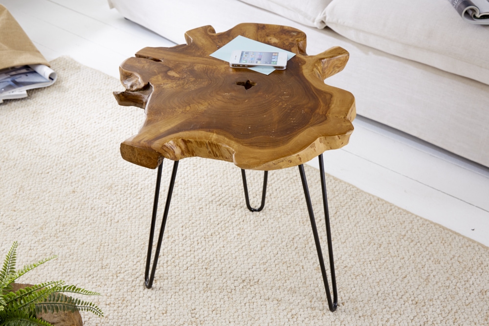 Einzigartiger Beistelltisch WILD 50cm Teak Massivholz Baumscheibe Metallbeine schwarz