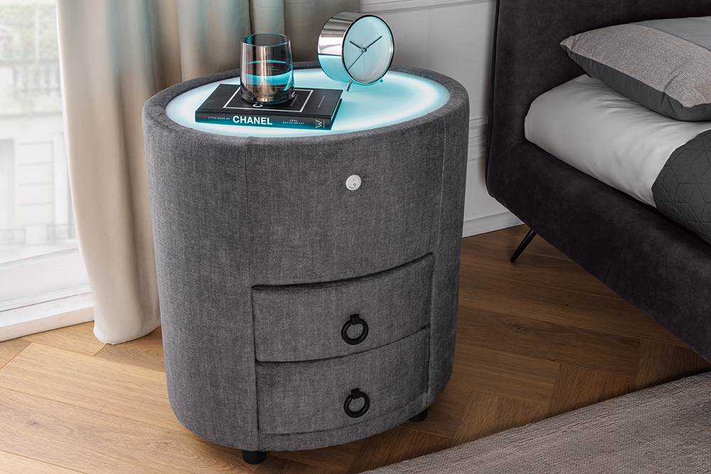 Nachttisch SIGNUM 55cm oval grau Vogue Seiden Samtstoff inkl. Beleuchtung Schubladen
