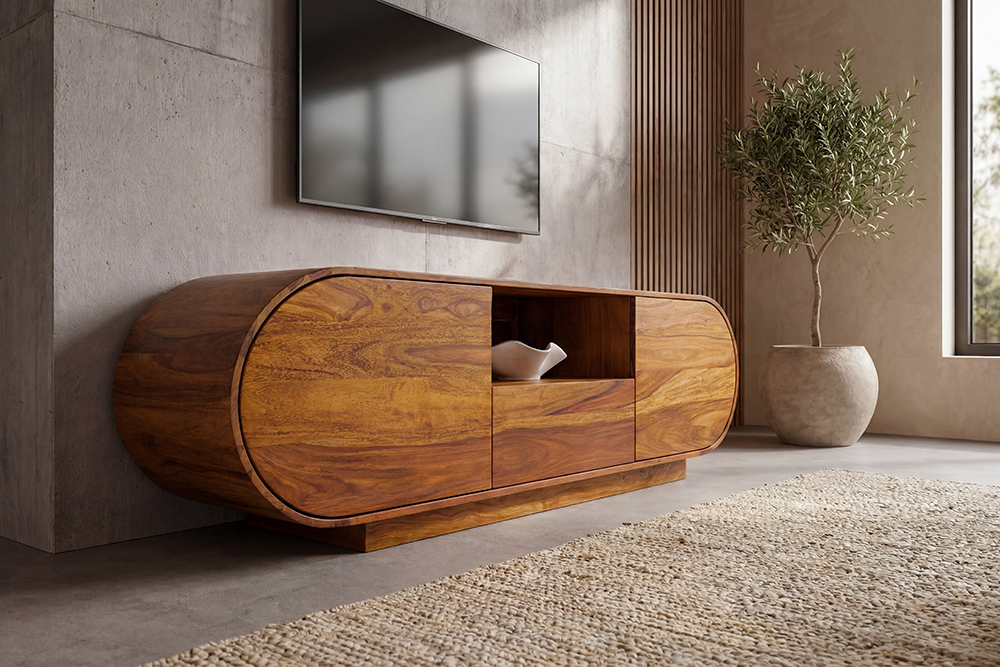 Massives TV-Board ORGANIKO 160cm braun Sheeshamholz stone finish ovales Lowboard