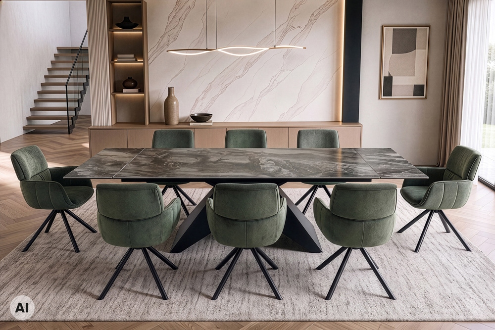Design Esstisch DIAMOND 180-260cm taupe Keramik Metallgestell schwarz