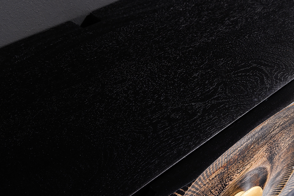 Hängendes TV-Lowboard GOLDEN SUNSET 160cm Mangoholz schwarz mit 3D Schnitzereien gold handmade