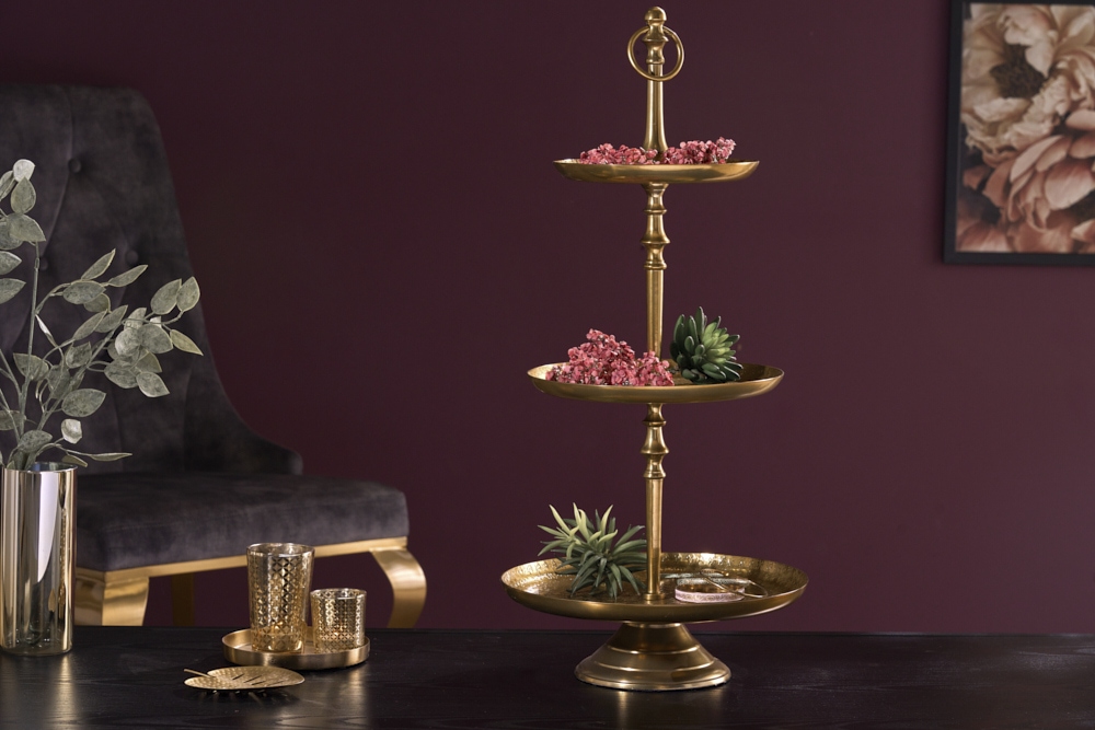 Design Etagere ORIENT 65cm gold im Wild Hammerschlag mit drei Etagen