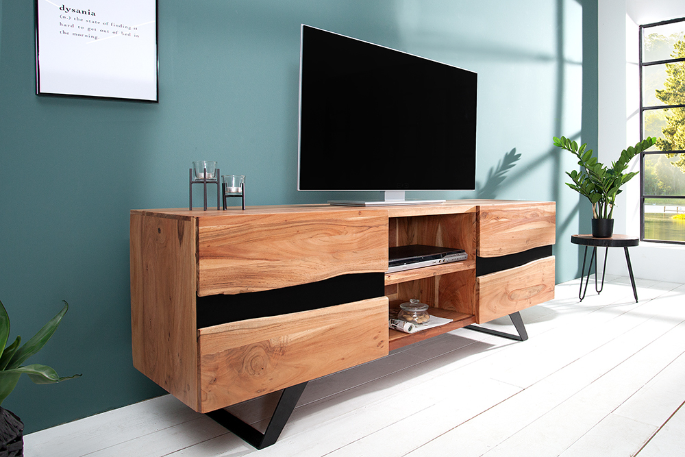 Massives TV-Board AMAZONAS 160cm Akazie Metall Lowboard Baumkante