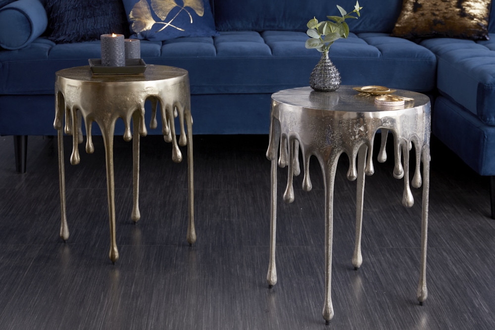 Extravaganter Beistelltisch LIQUID LINE 50cm silber Tropfen-Design Metall Aluminium rund