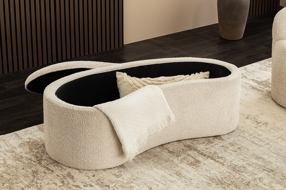 Extravagante Polsterbank ELEMENTAL 120cm champagner beige Feinstrick Bouclé mit Stauraum