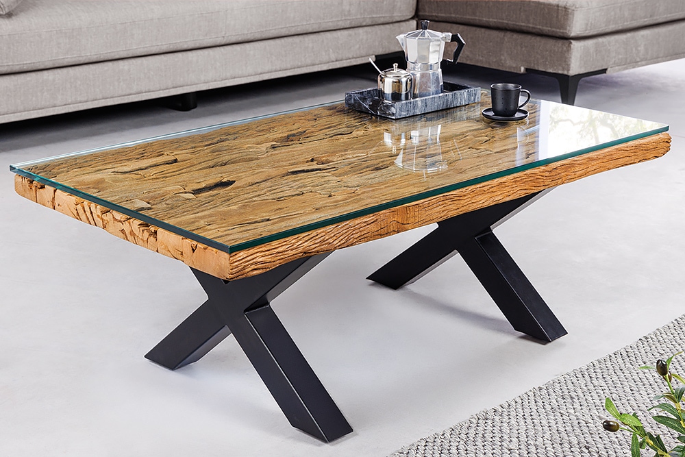 Massiver Couchtisch BARRACUDA 110cm antik natur Teakholz X-Gestell Glasplatte