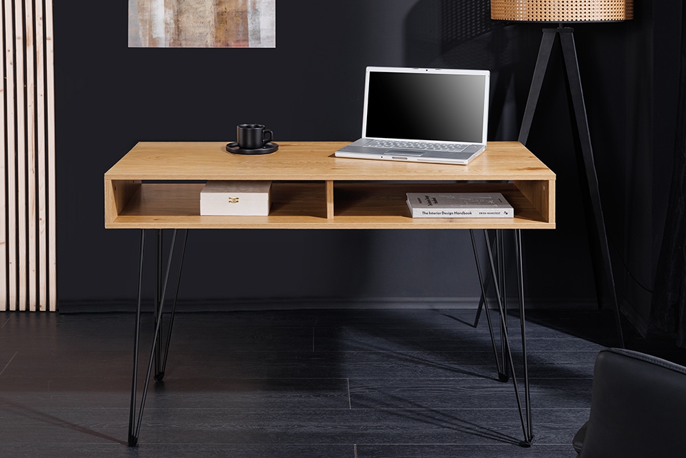 Industrial Schreibtisch STUDIO 110cm natur Eiche Laptoptisch Hairpin Legs Stauraum