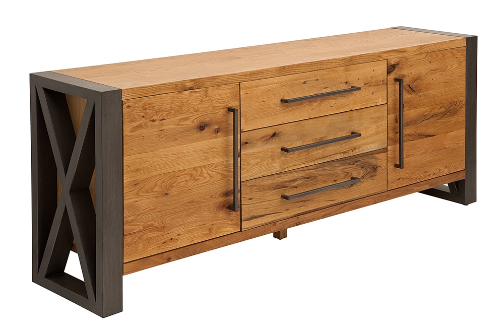 Massivholz Sideboard THOR 200cm mit Schubladen natur Wildeiche geölt Metall schwarz