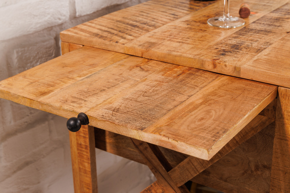 Industrial Barschrank BODEGA 86cm Mangoholz Servierwagen mit Weinregal und Aufhängung