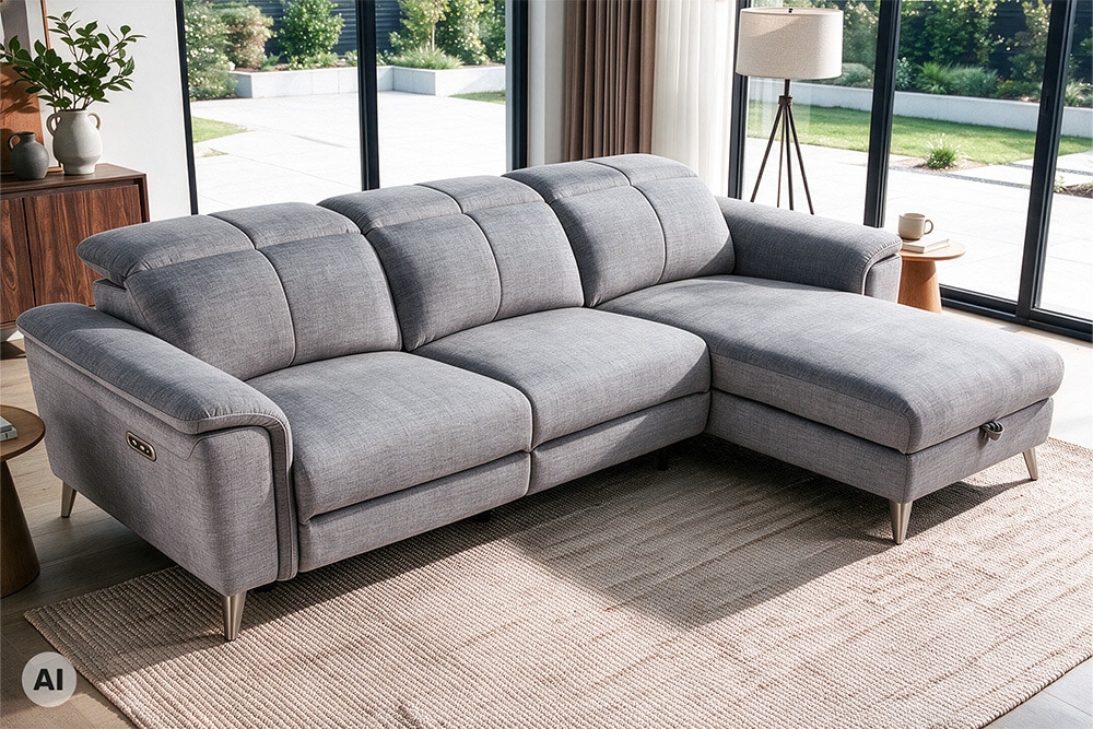 3-Sitzer Sofa IMPERIA 255cm grau Vogue Seiden Samtstoff elektrische Fußstütze