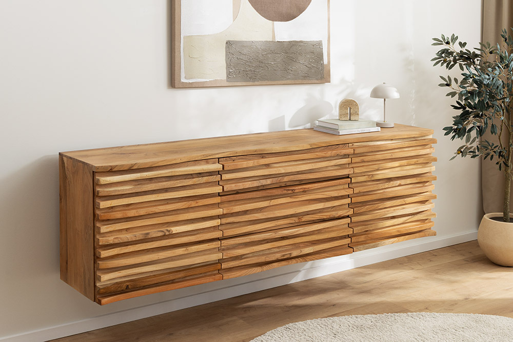 Hängendes Sideboard RELIEF 175cm natur Akazie Massivholz mit Schubladen