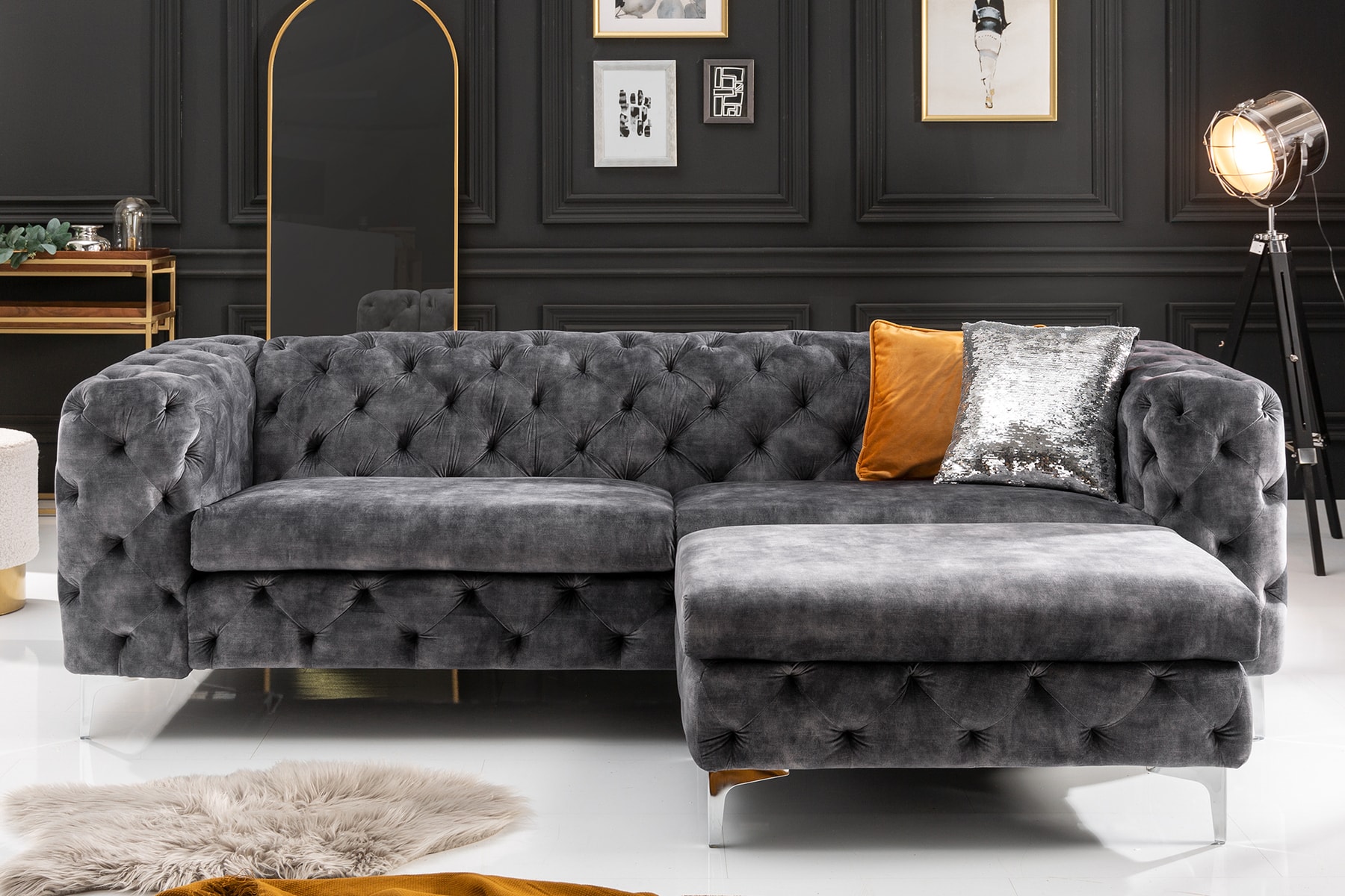 Chesterfield 3-Sitzer Sofa MODERN BAROCK 235cm dunkelgrau Samt Federkern Metallfüße