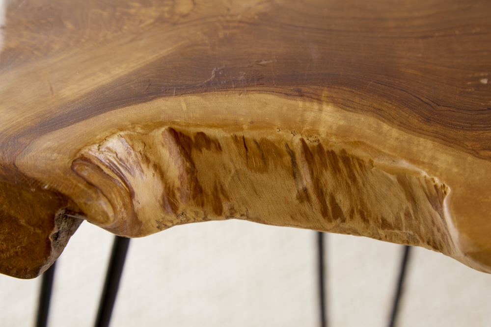 Einzigartiger Beistelltisch WILD 50cm Teak Massivholz Baumscheibe Metallbeine schwarz