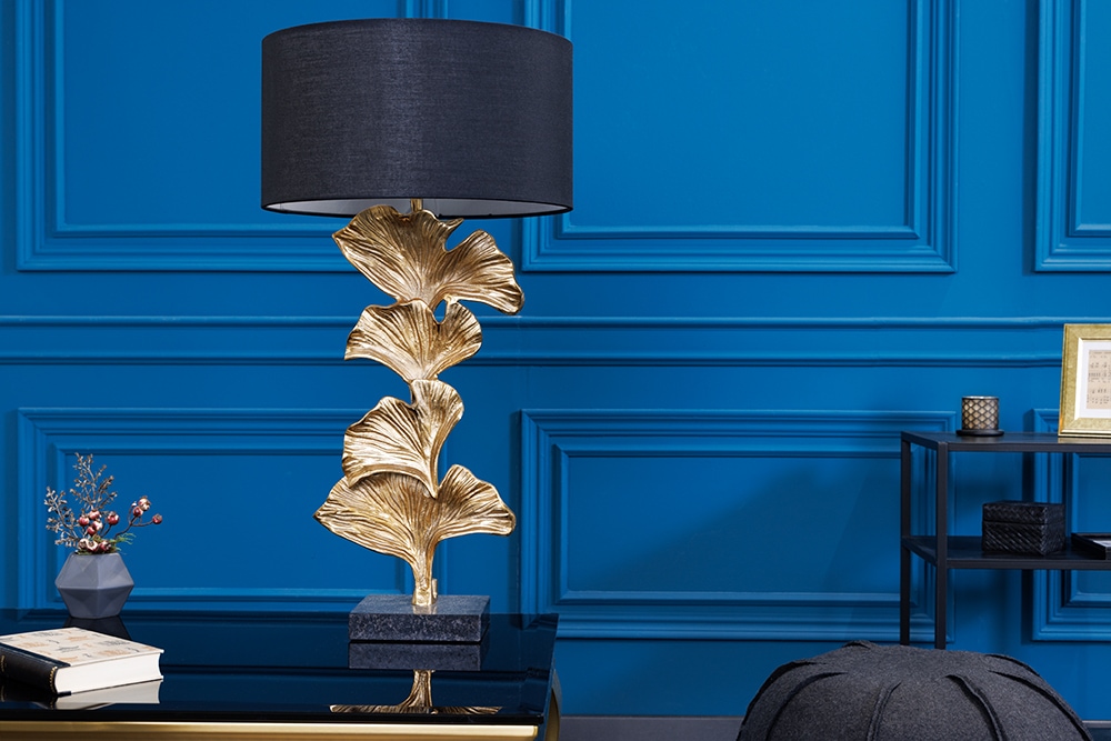 Design Tischlampe GINKGO 70cm schwarz Stoffschirm gold Metall handmade Marmor-Fuß