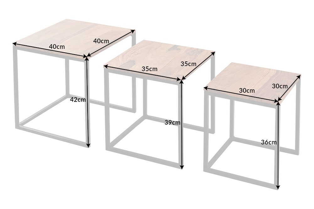 3er Set Beistelltisch ELEMENTS 40cm braun Sheesham Massivholz stone finish Metall