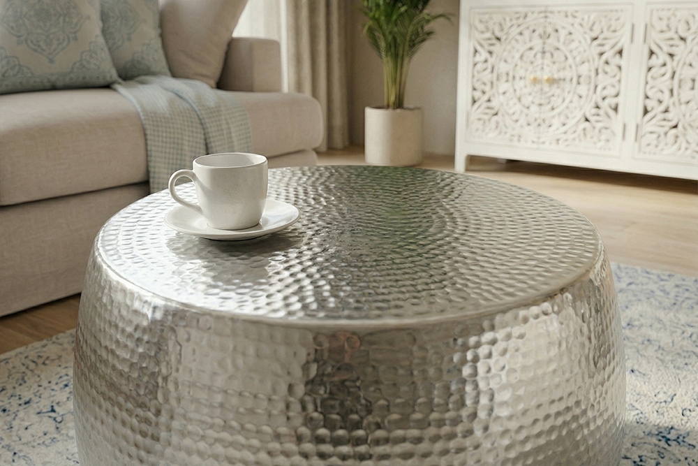 Runder Couchtisch ORIENT 60cm silber Metall Aluminium Hammerschlag Design handmade