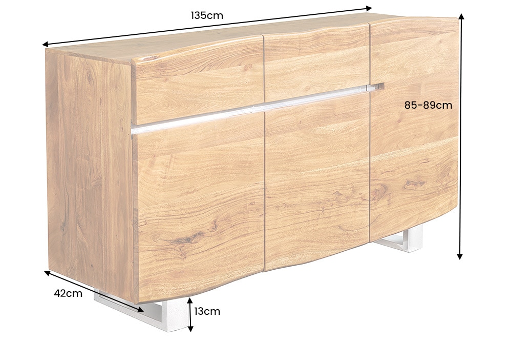 Massivholz Sideboard MAMMUT 135cm Akazie Kommode mit Schubladen Baumkante Edelstahl