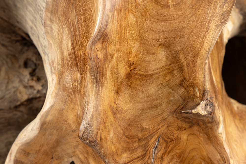 Massiver Konsolentisch ROOT 150cm natur Teak Massivholz aus Wurzelholz Glasplatte