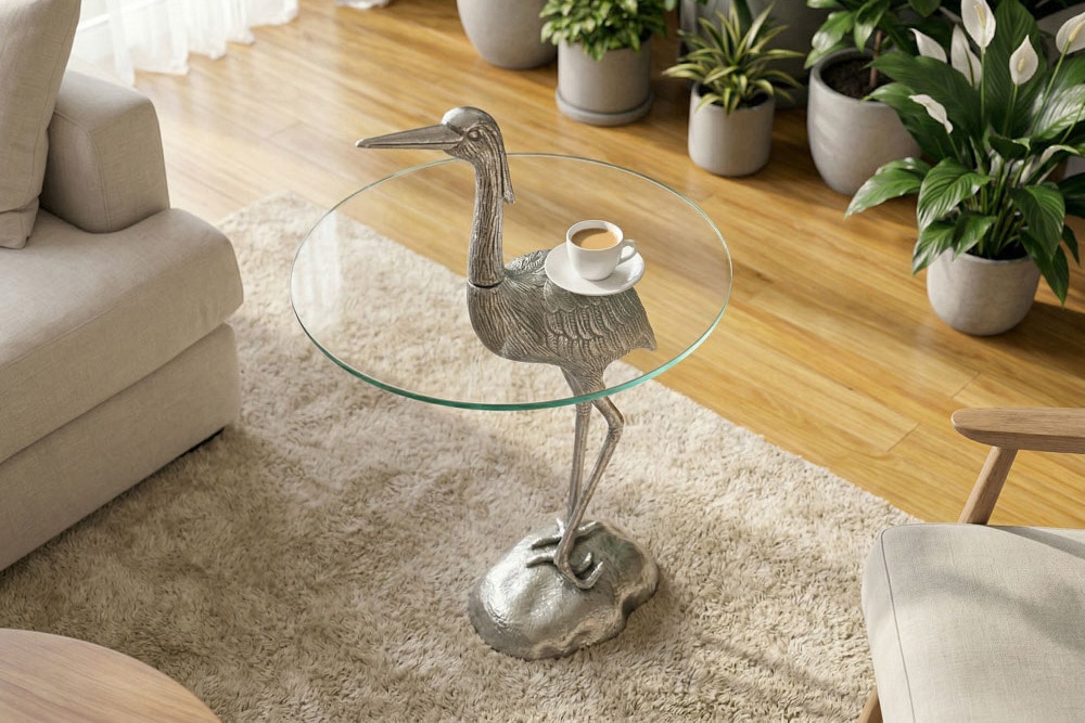 Runder Beistelltisch WILDLIFE HERON 90cm silber Metall Glas Fischreiher Skulptur handmade