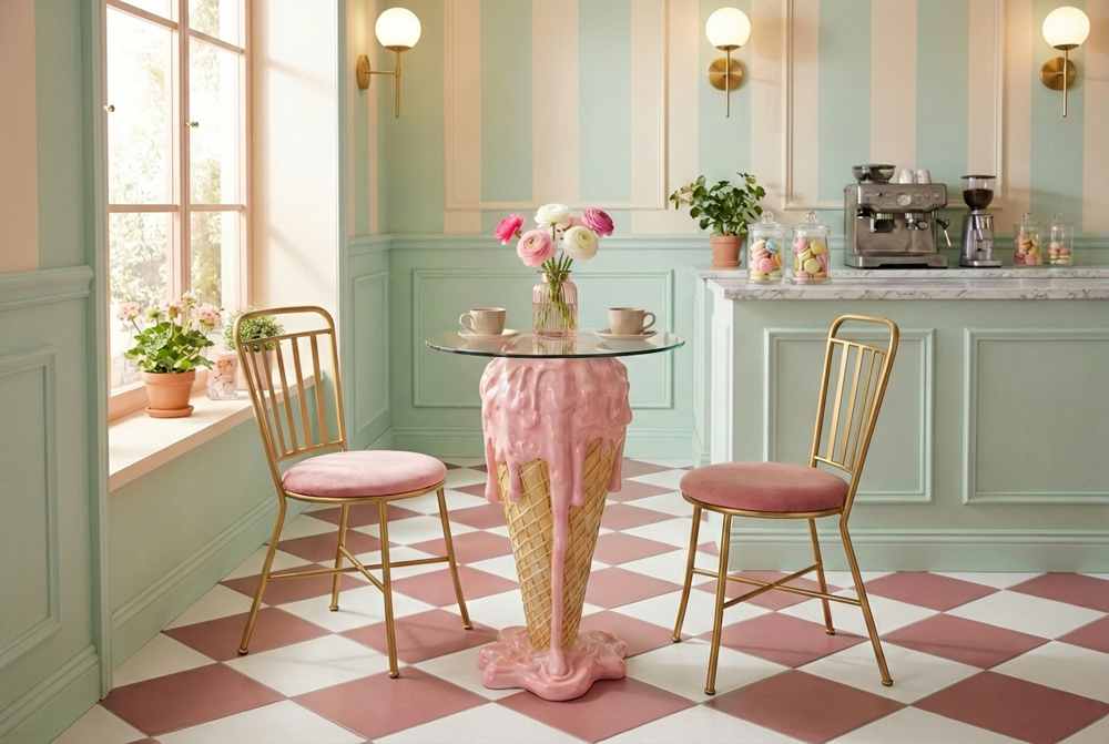 Einzigartiger Bistrotisch ICE CREAM 75cm beige rosa runde Tischplatte Glas handmade Einzigartiger Bistrotisch ICE CREAM 75cm beige rosa runde Tischplatte Glas handmade