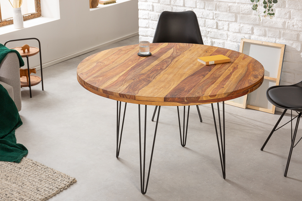 Runder Esstisch MAKASSAR 120cm braun Sheesham Massivholz stone finish Hairpin Legs