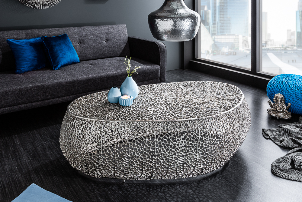 Filigraner Design Couchtisch ABSTRACT LEAF 130cm silber Handarbeit