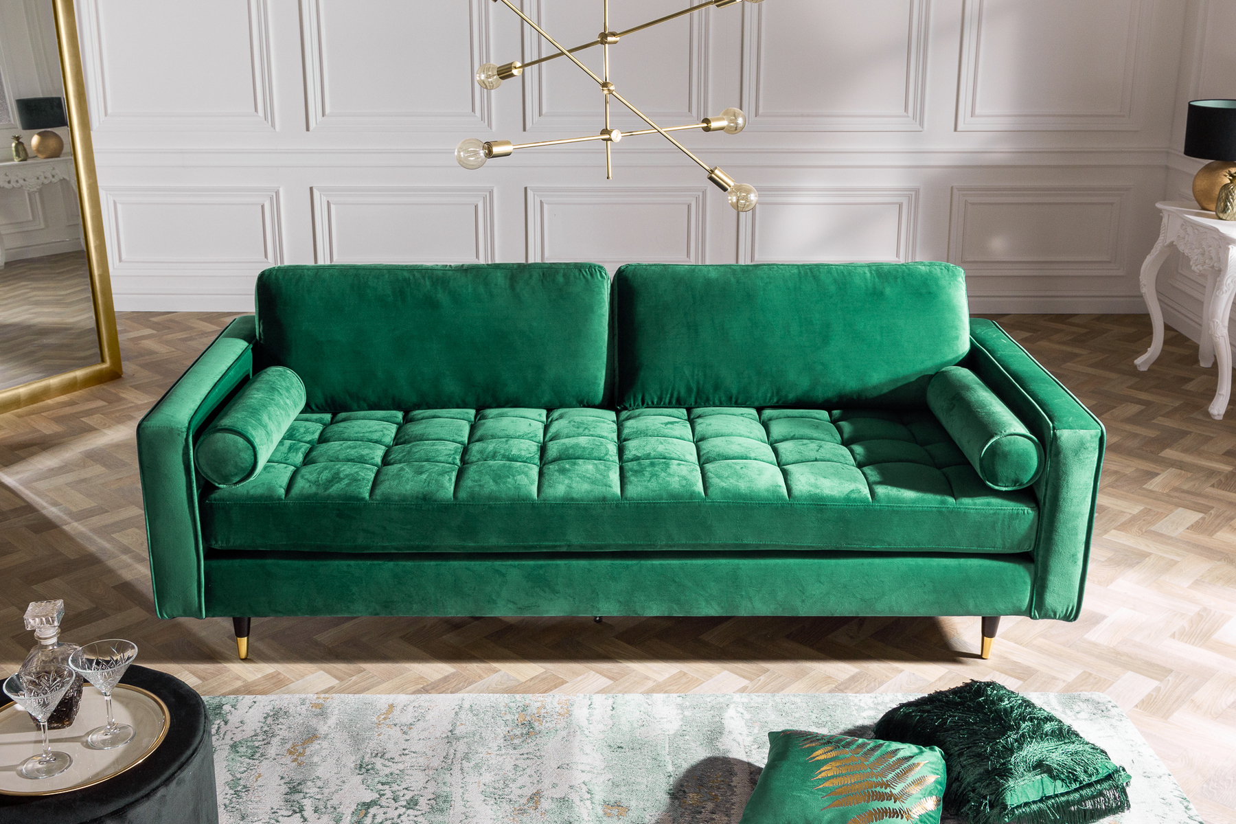 Design 3-Sitzer Sofa COZY VELVET 220cm smaragdgrün Samt Federkern Lounge