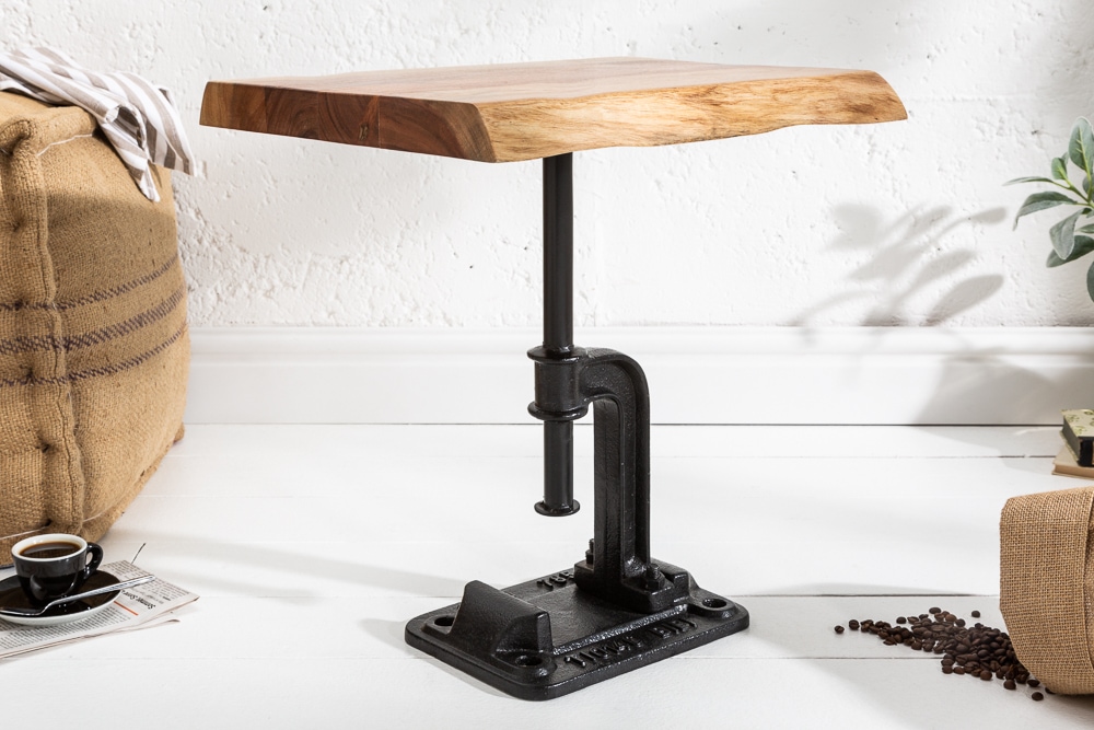 Authentischer Beistelltisch FACTORY 50cm Akazie Massivholz Baumkante Industrial Design