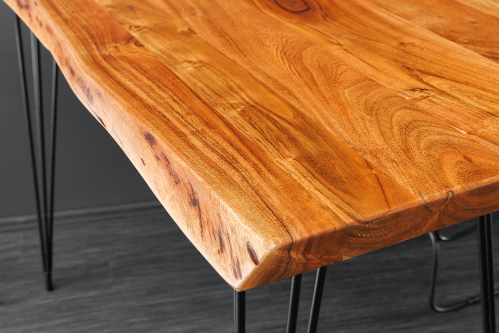Massivholz Bartisch MAMMUT 140cm natur Akazie Baumkante Metall schwarz Hairpin Legs