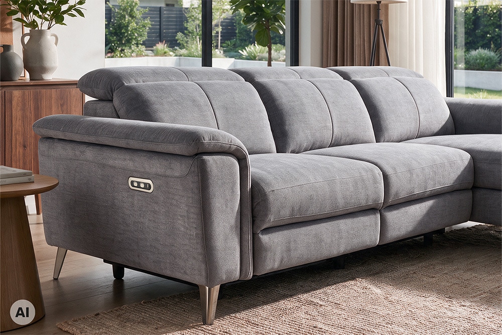 3-Sitzer Sofa IMPERIA 255cm grau Vogue Seiden Samtstoff elektrische Fußstütze