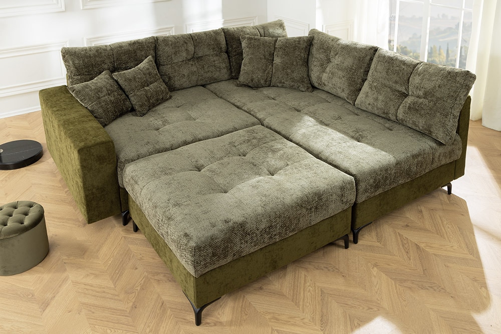 Ecksofa KENT 220cm grün Bicolor Chenille Federkern inkl. Hocker und Kissen