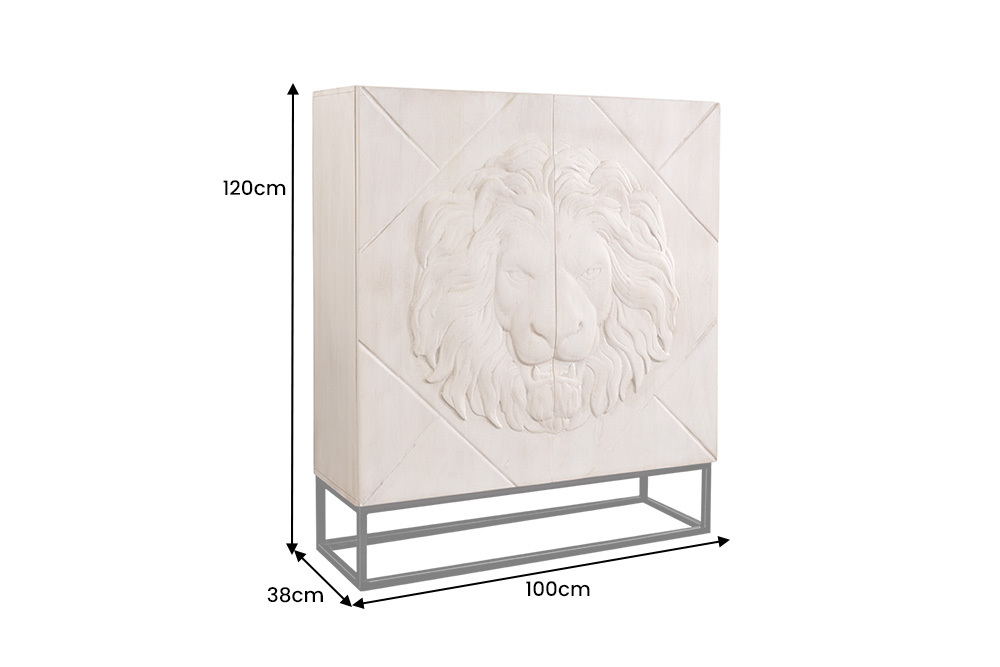 Massives Highboard LION 120cm creme Mangoholz schwarz Metall 3D Schnitzereien Kunstwerk