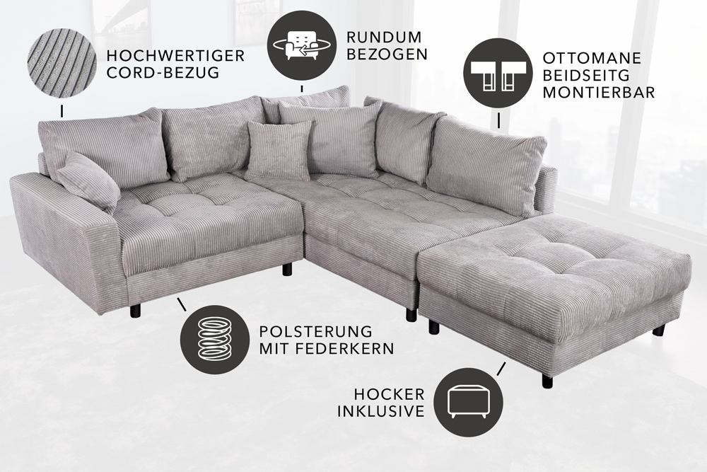 Modernes Ecksofa KENT 220cm hellgrau Cord inkl. Hocker Federkern L-Form Wohnlandschaft
