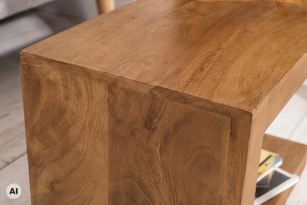 Handgearbeiteter Beistelltisch S 60cm braun honey finish Mangoholz mit Ablage variabel stellbar