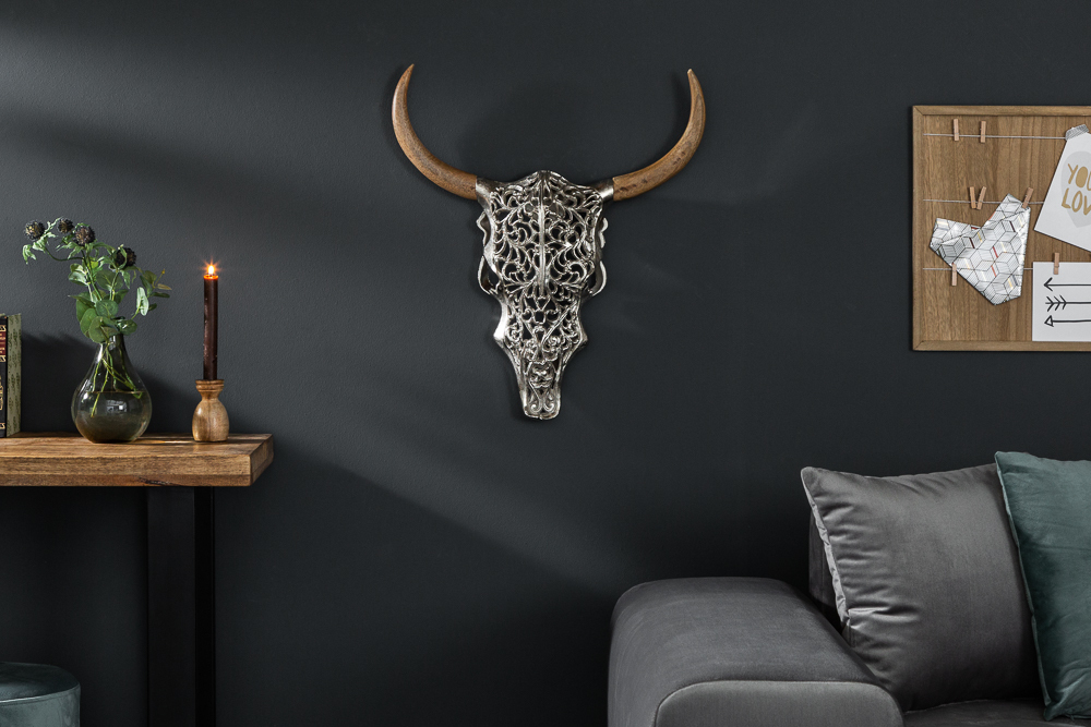 Extravagante Wanddekoration EXOTIC BULL 60cm silber Mangoholz Stierkopf