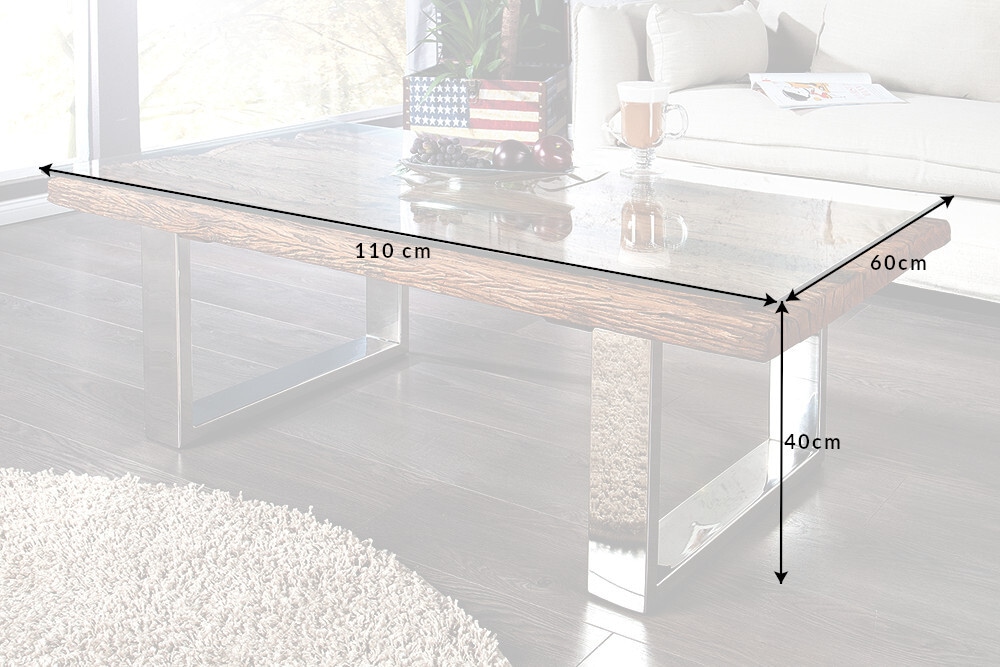 Eindrucksvoller Couchtisch BARRACUDA 110cm antik Teakholz mit Kufengestell und Glas