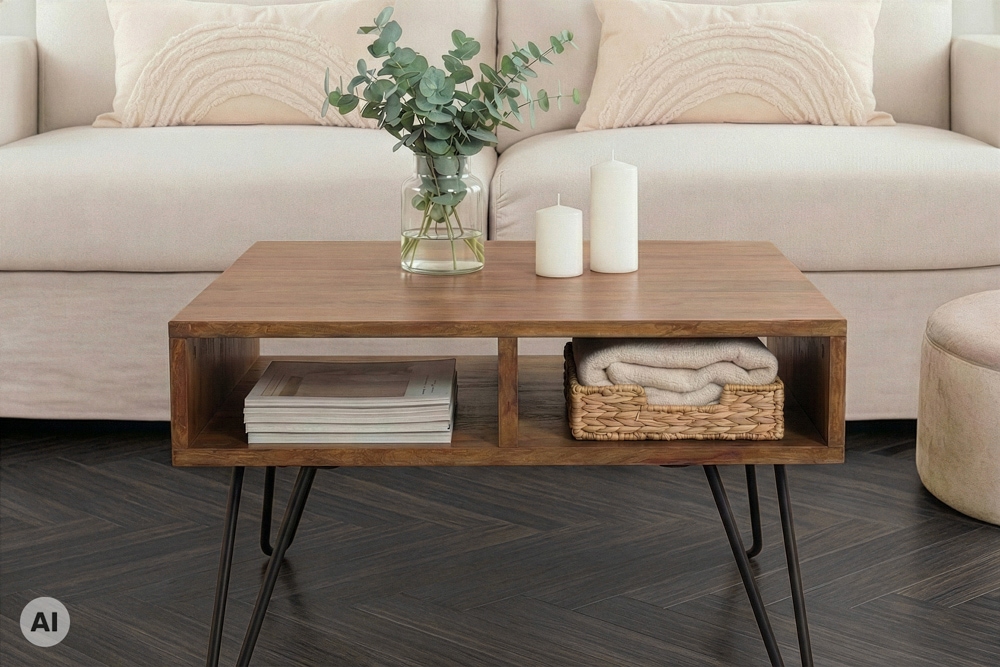 Massiver Couchtisch SCORPION 60cm braun honey finish Mangoholz mit Hairpin Legs