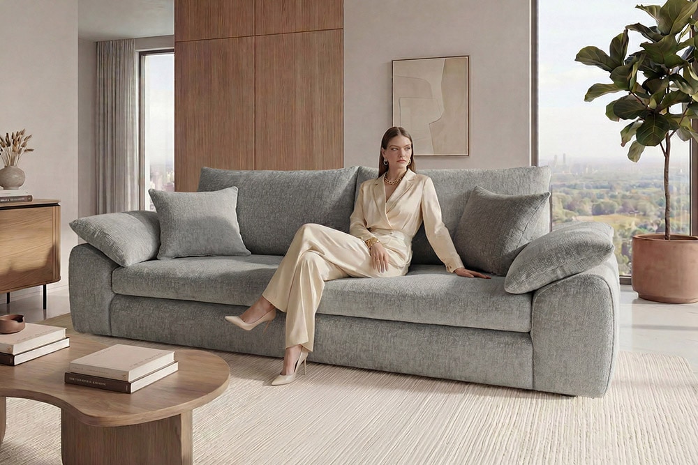 Stilvolles Big Sofa SOHO 260cm grau Chenille 4-Sitzer Couch mit Wellenunterfederung