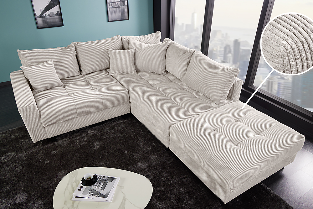Modernes Ecksofa KENT 220cm beige Cord inkl. Hocker Federkern L-Form Wohnlandschaft