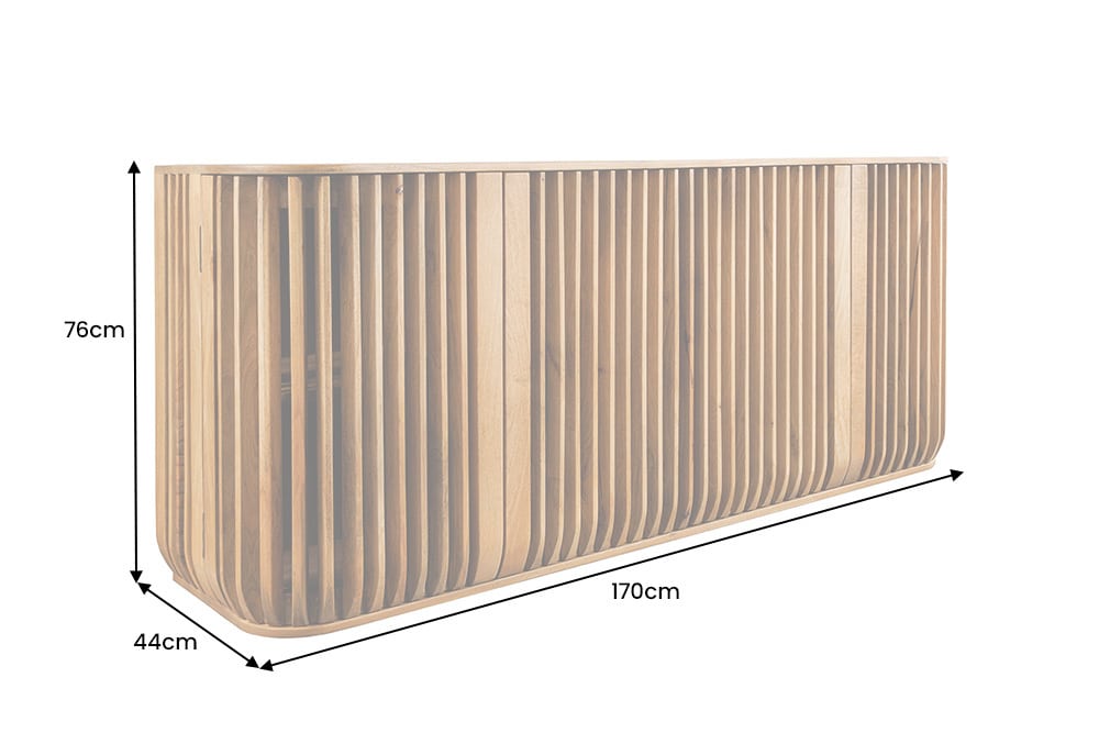 Massives Sideboard SCULPTURA 170cm natur Mangoholz mit abgerundeter Lamellenfront