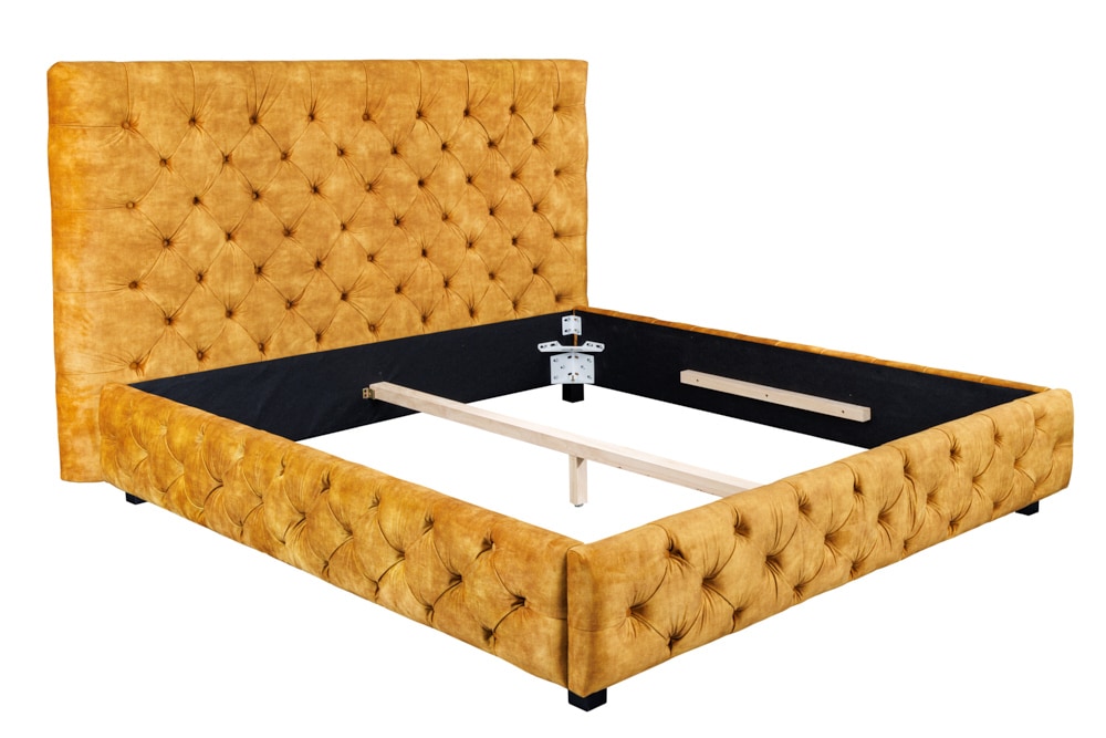 Queensize Doppelbett PARIS 160x200cm senfgelb Samt Chesterfield Design