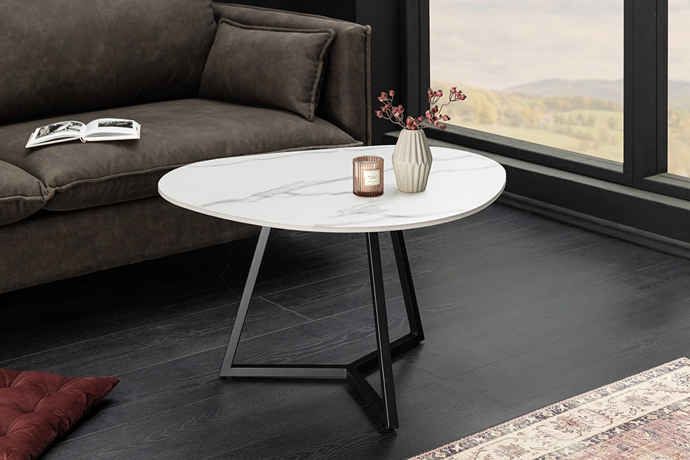 Design Couchtisch MARVELOUS 70cm weiß Marmor Keramik schwarzes Metall