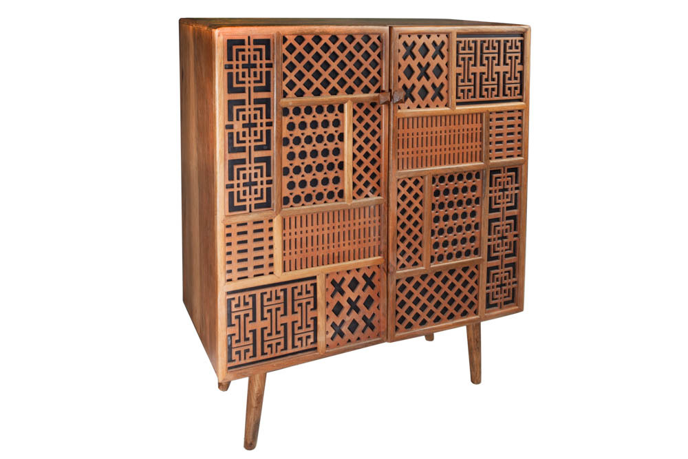 Massives Highboard MARRAKESCH 120cm Mangoholz mit Verzierung Boho Stil