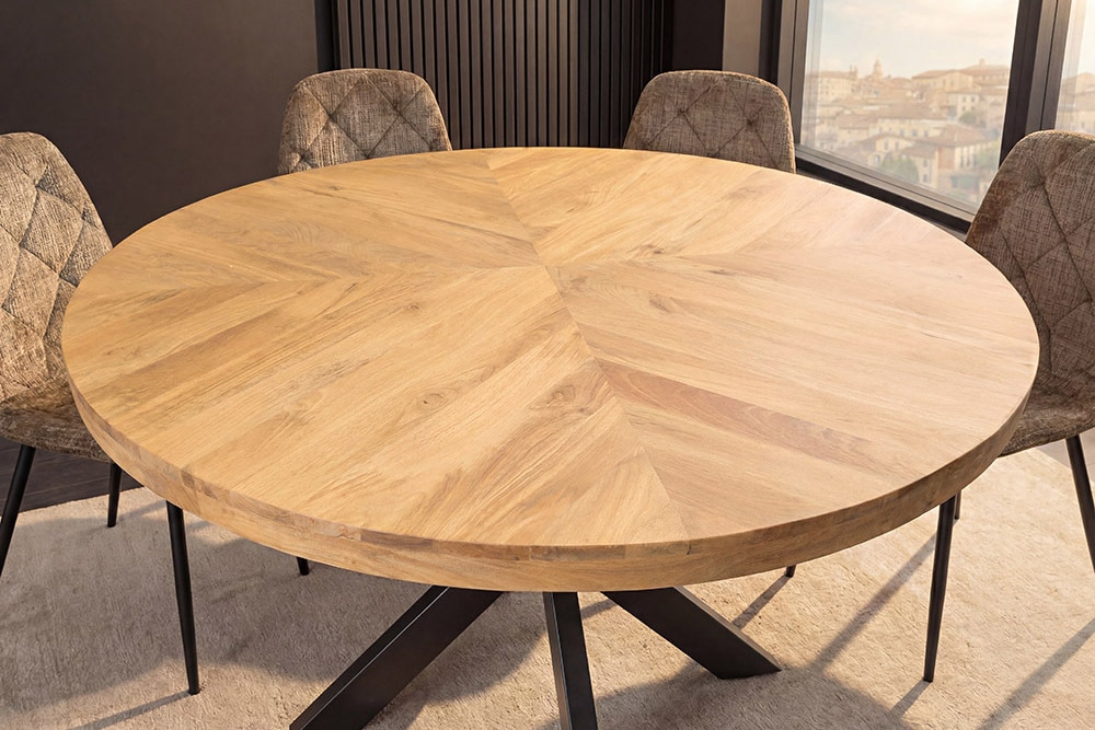 Runder Esstisch INFINITY HOME 120cm natur cream finish Mangoholz Parkett schwarz