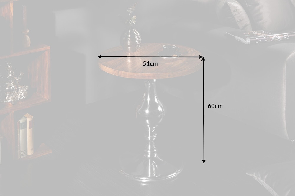Design Beistelltisch EXTRAVAGANCIA 60cm Mangoholz massiv rund Metall Säulenfuß silber