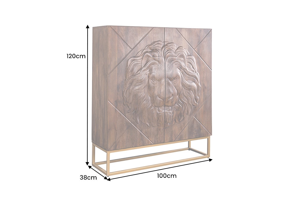 Massives Highboard LION 120cm braun Mangoholz gold Metall 3D Schnitzereien Kunstwerk