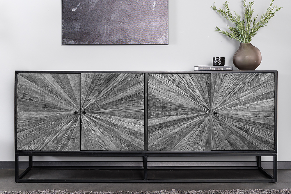 Massives Sideboard BARRACUDA 180cm grau Mangoholz mit Teakholz-Front schwarz Metall