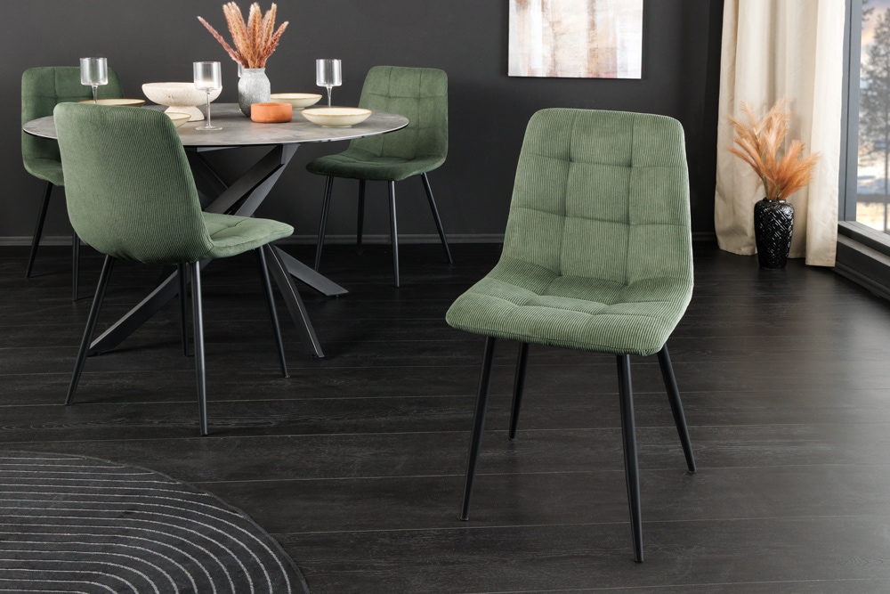 Moderner Design Stuhl TRES CHIC grün Cord schwarze Metallbeine Esszimmer