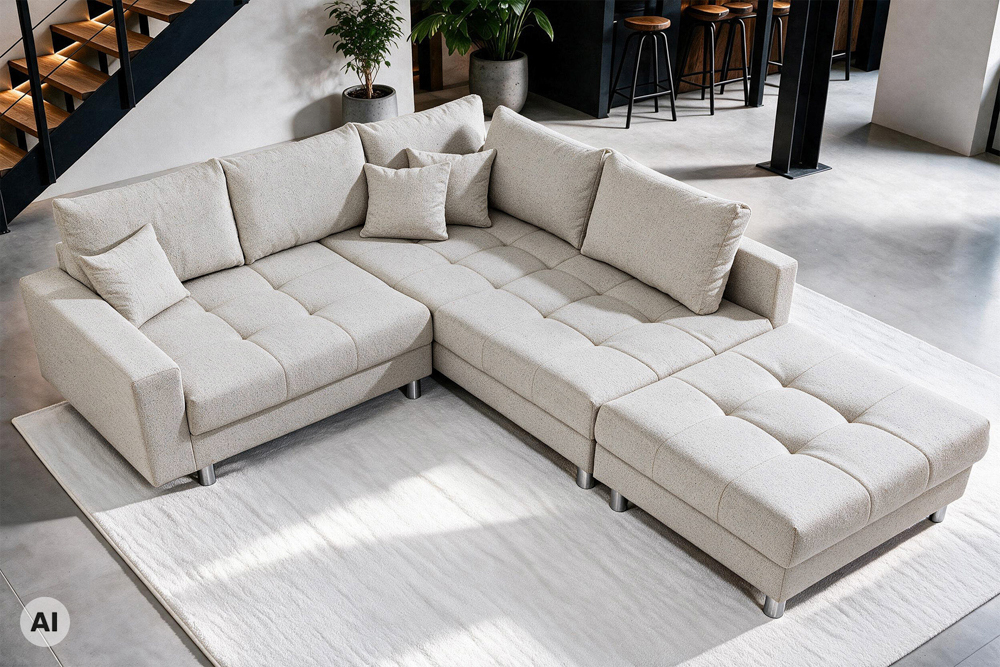 Wohnlandschaft KENT 220cm beige Strukturstoff  Ecksofa Federkern inkl. Hocker